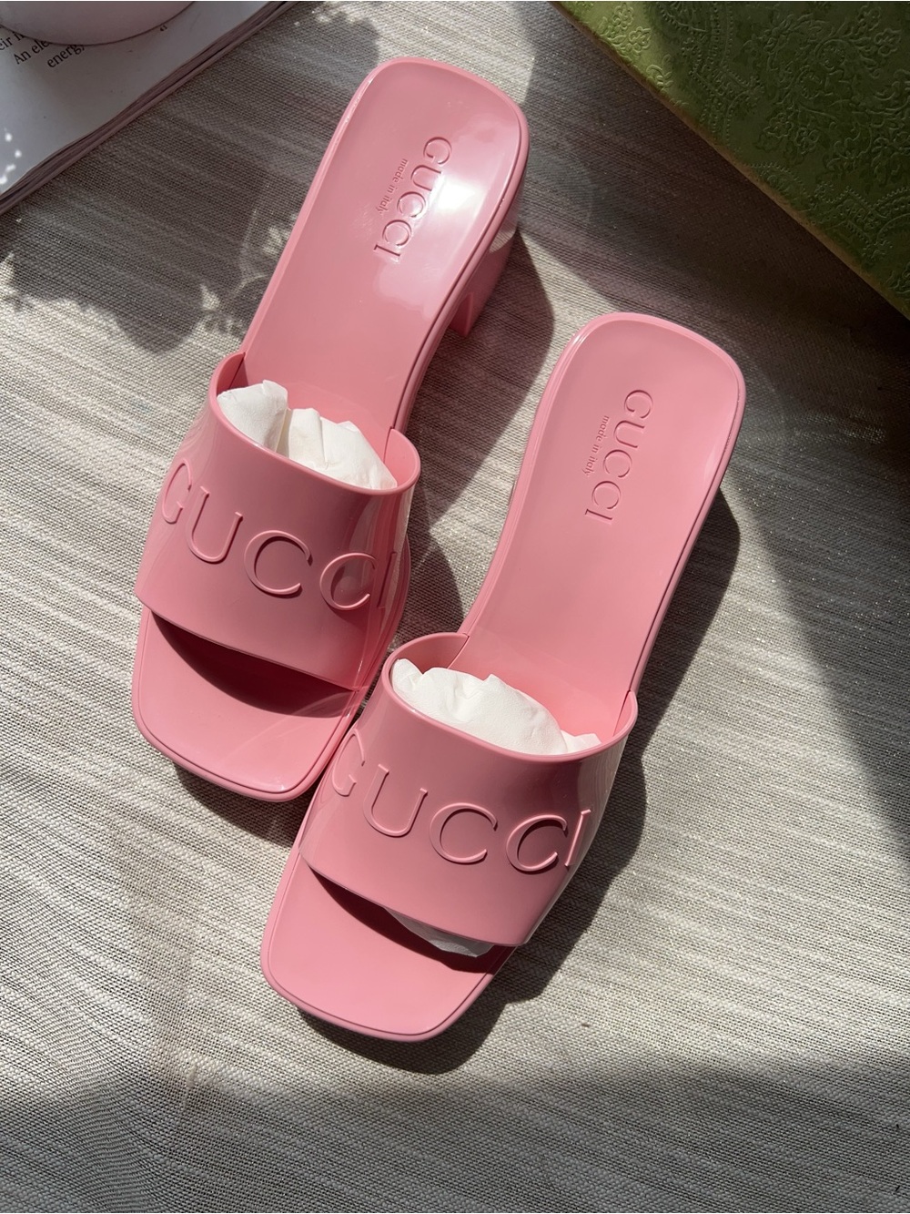 Gucci Pink Embossed Logo Slide Heels